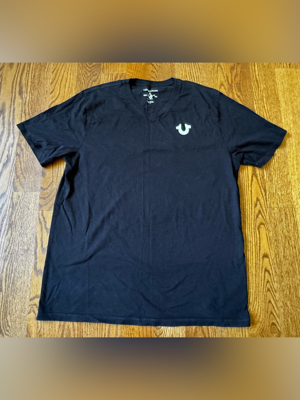True Religion Mens XL Black Horseshoe Logo V Neck T Shirt